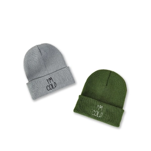 Unisex I'M COLD embroidered beanie hat in grey and green knitted warm winter style