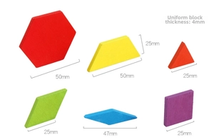 Detailed view of colorful geometric wooden blocks with precise dimension measurements