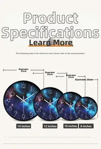 Size comparison chart for starry sky wall clocks in 8, 10, 12, and 14 inch diameters