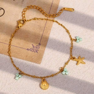 Bracelet de cheville en acier inoxydable plaqué or 18 carats avec étoile de mer et perles