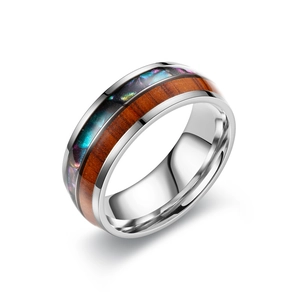 Vintage stainless steel ring featuring koa wood and colorful abalone shell inlay