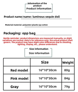 Detailed size chart for LED sequin gnome dolls showing red, pink, and gray plush dimensions
