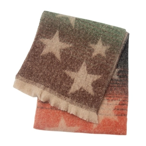 Close-up of star pattern bouclé scarf with gradient colors and fringe details