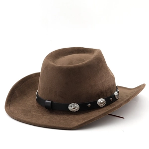 Detail of brown suede cowboy hat with black leather band and silver engraved buckles