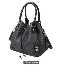 Side view of bucket bag with black geometric triangle pattern and gold padlock detail