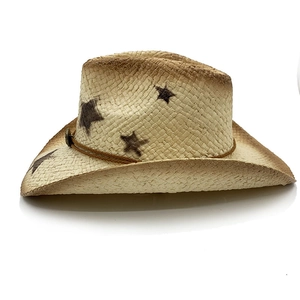 Western style straw cowboy hat with distressed brown star patterns and decorative band