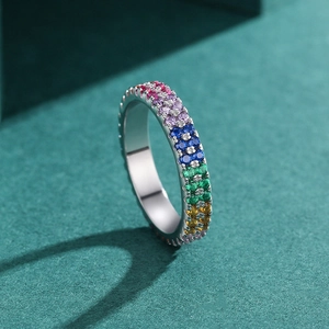 Elegant S925 sterling silver rainbow eternity ring with colorful cubic zirconia stones