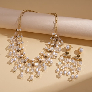 Vintage palace style jewelry set with pearl tassels and crystal beads on gold chain