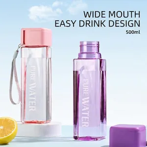 Minimalist 500ml square transparent plastic water bottle with pink and purple lids