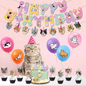 Cat themed birthday party set with banners, colorful balloons, and cake toppers