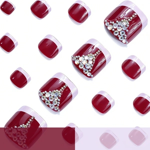Short square burgundy press-on toenails with French lavender tips and diamond rhinestone design