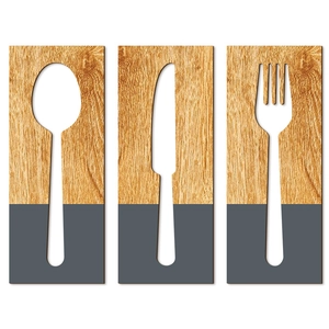 Set di 3 decorazioni murali moderne per posate con texture in legno e accenti grigio antracite