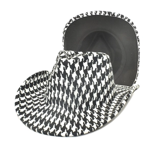 Houndstooth Pattern Cowboy Hat Wide Brim Cotton Polyester Wool Felt Western Jazz Fedora For Men Women