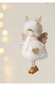Détail d'un ange de Noël en peluche avec bois dorés et ailes scintillantes de fête