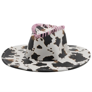 Cowboyhut mit Kuhmuster aus PU-Leder und rosa Ziernaht für Damen im Western-Stil