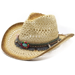 Chapeau De Cowboy En Paille Bohème À Bord Large Protection Solaire Ethnique Tissée Vacances À La Plage Été Rétro Western