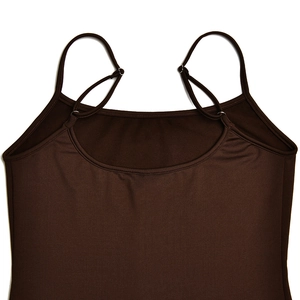 Detail view of the brown backless slim dress with adjustable thin straps and soft fabric