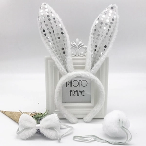 White plush bunny ears headband set with sequins, bow tie and tail for party costume
