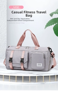 Detail of multi-functional travel bag with shoe compartment on marble stand