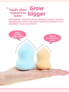Macro comparison showing hydrophilic makeup sponges expanding significantly in size when wet