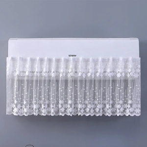 Close-up of white lace air conditioner cover featuring delicate floral embroidery and mesh