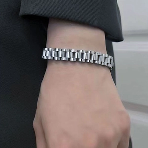 Silver stainless steel watchband style bracelet for women worn on a model's wrist