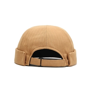 Adjustable camel Miki hat with herringbone texture and classic brimless docker style