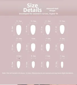Size chart for green almond press-on nails featuring 12 sizes and 24 pieces set