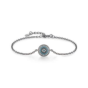 Bracelet chaîne en argent S925 avec pendentif œil protecteur bleu et blanc sur fond blanc