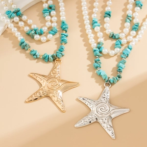 Layered starfish pendant necklace with turquoise beads and faux pearls for women