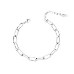 Detailed view of silver paperclip chain bracelet with lobster clasp and extension link