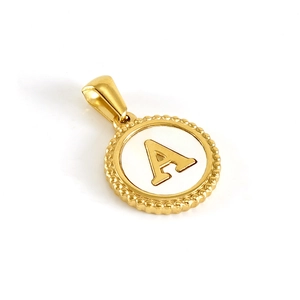 Classic 18K gold plated stainless steel necklace with round white shell pendant letter A