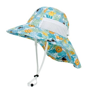 Detail of kids sun hat featuring breathable mesh side panels and jungle animal prints
