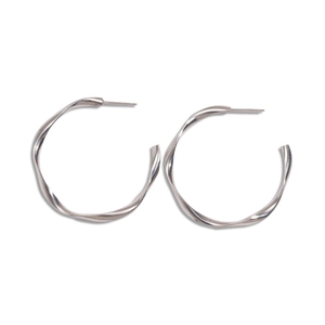 Minimalist geometric twisted round stud earrings in silver finish with metallic luster