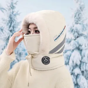 Winter integrated hood mask and neck warmer in cream white with plush fleece trim