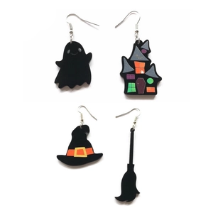 Set de boucles d'oreilles Halloween en acrylique avec fantôme, maison hantée et chapeau