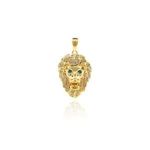 Gold lion head pendant with green eyes and sparkling cubic zirconia for DIY necklaces