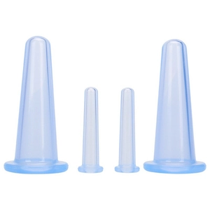 Set of 4 blue silicone facial cupping cups with conical design on white background