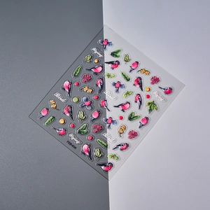 Detailed 5D embossed bird and berry nail stickers FEB-634 with 3D texture and self-adhesive