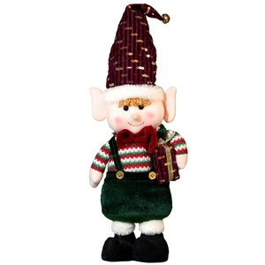 Standing Christmas elf plush doll in red and green festive outfit with sequin details
