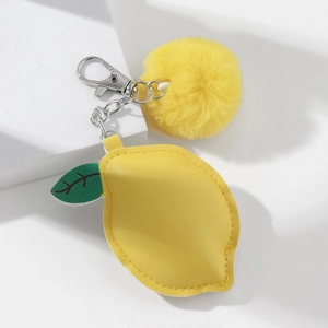 Lemon PU leather keychain with yellow faux fur pom pom and silver metal ring accessory