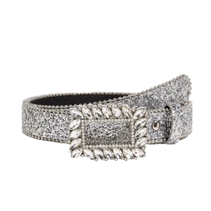 Sparkling silver sequin belt for women featuring a luxury square rhinestone buckle design