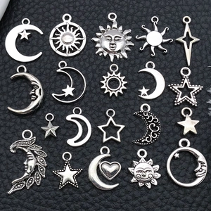 Detailed set of vintage silver sun moon and star alloy pendants for DIY jewelry making