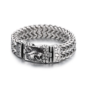 Bracelet punk tête de loup tressé en acier inoxydable pour homme, fini argenté