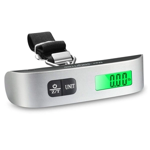 Portable 50kg digital luggage scale with silver metal finish and green backlit LCD screen