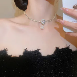 Artificial Pearl Pendant Necklace Gold Plated Zircon Square Inlaid Choker Luxury Elegant Vintage Jewelry Accessory For Women