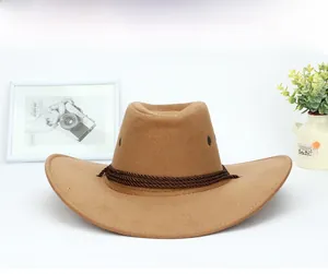 Detail of camel brown western cowboy hat with braided cord and breathable metal vents