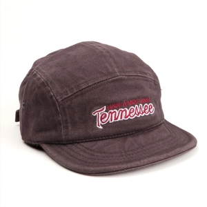 Close-up of vintage brown canvas camper hat featuring red and white Tennessee embroidery