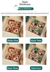 Detail of four-compartment wooden Christmas ornaments with reindeer and tree motifs