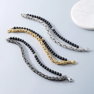 Mens titanium steel Byzantine chain bracelet with black beads in silver and gold tones